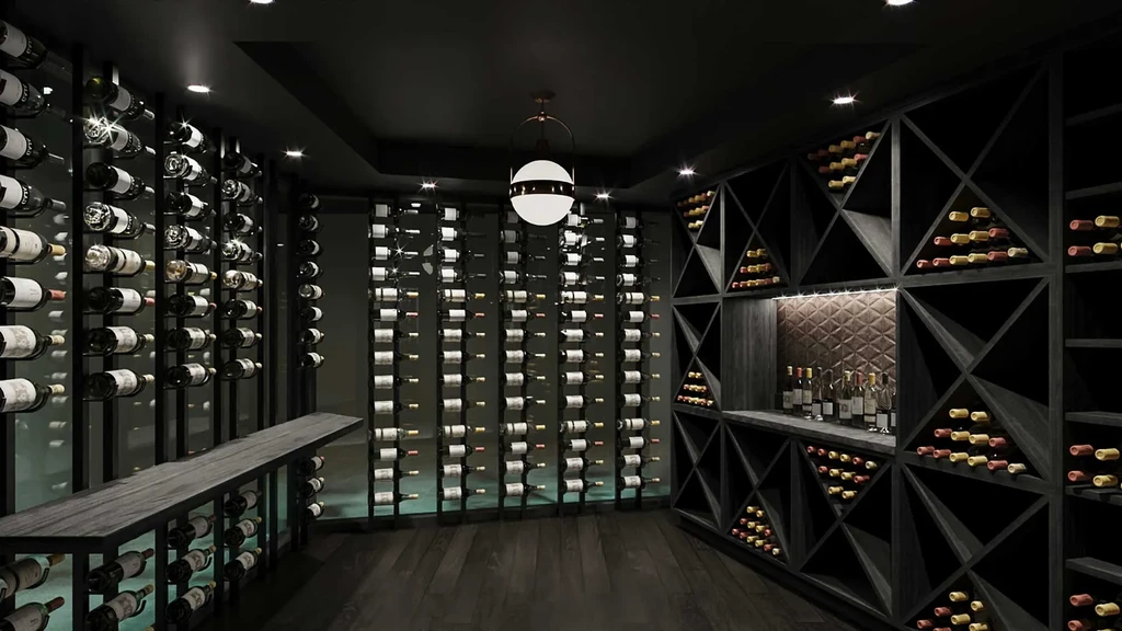 Modern, luxurious wine cellar with extensive wine bottles in dark racks.