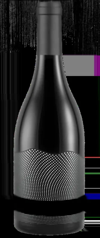 Dark wine bottle with a white dotted, wavy optical illusion label.