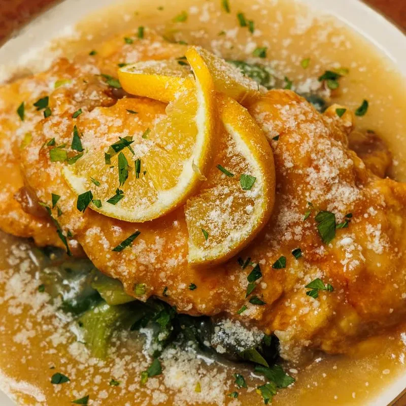 Breaded protein with creamy sauce, lemon, parsley, Parmesan, and greens.