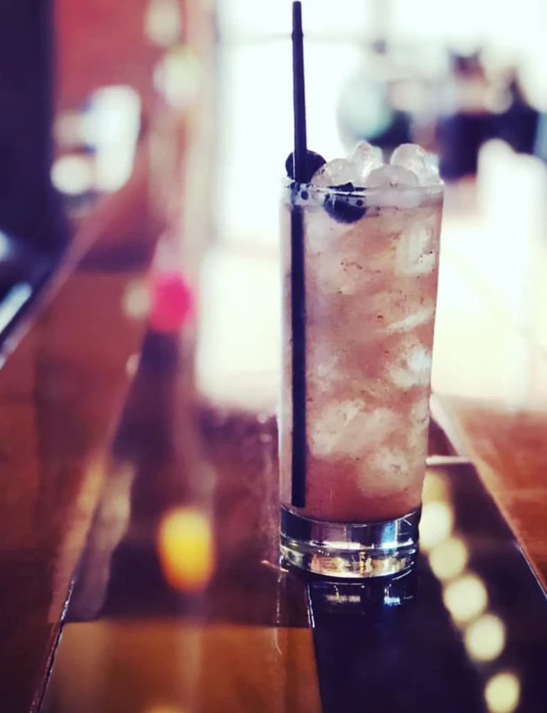Tall glass with reddish-brown cocktail, crushed ice, straw, and blueberries.