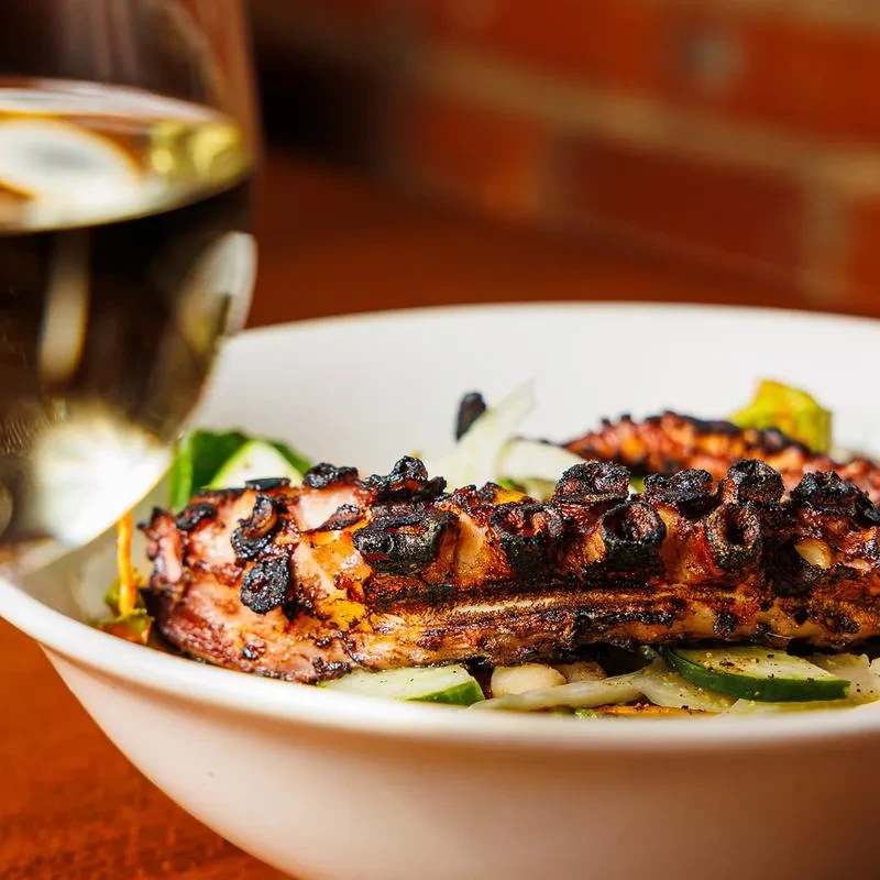 Charred grilled octopus tentacles with fresh salad in white bowl.