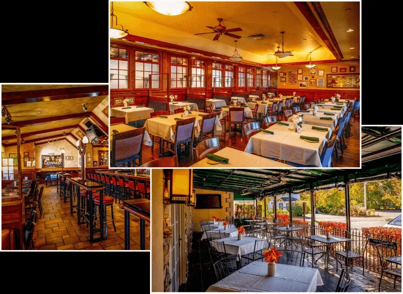 Collage of a restaurant's indoor dining room, bar, and patio.