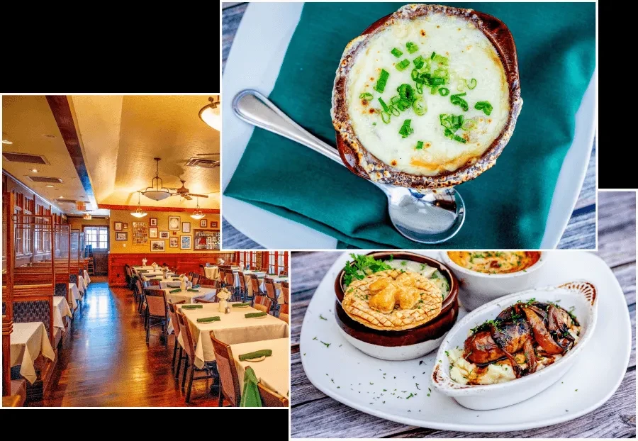 Collage of creamy gratin, rustic pot pie, and warm restaurant interior.