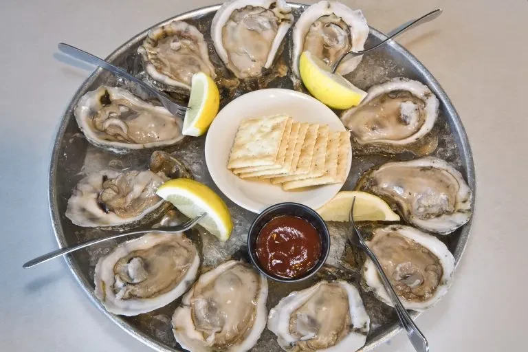 Twelve raw oysters on crushed ice with lemon, crackers, and sauce.