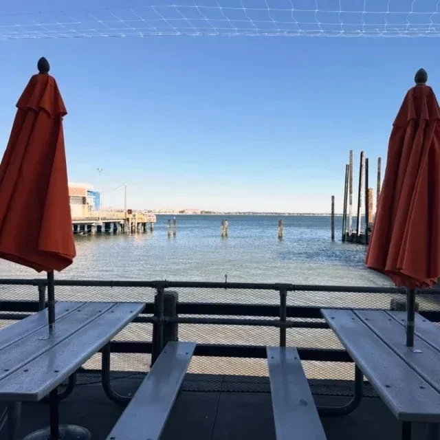 Two picnic tables with closed orange umbrellas face a sunny waterfront.