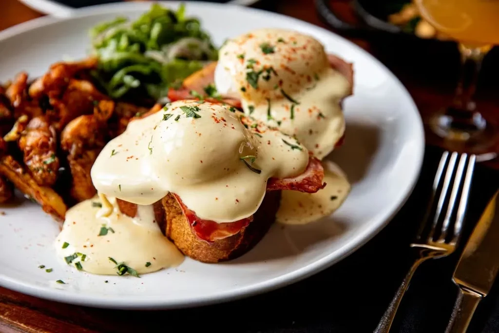 Two Eggs Benedict servings with crispy potatoes and a side salad.