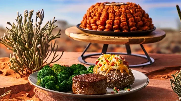 Steak, loaded potato, broccoli, and onion blossom in a desert.