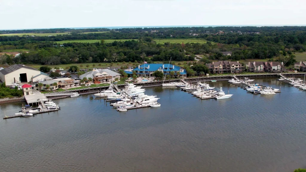 Aerial photo: busy marina with docked boats, waterfront buildings, and trees.