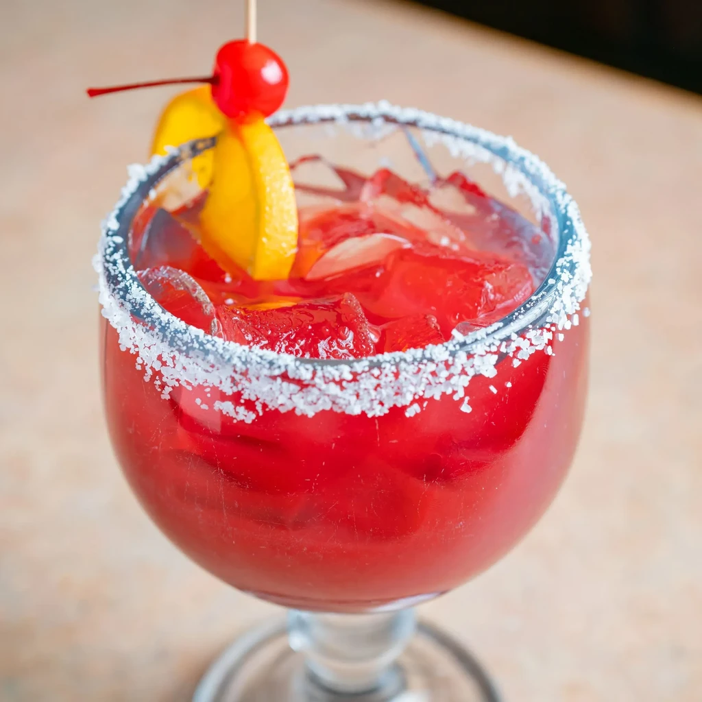 Iced red drink in stemmed glass, white rim, cherry and citrus.