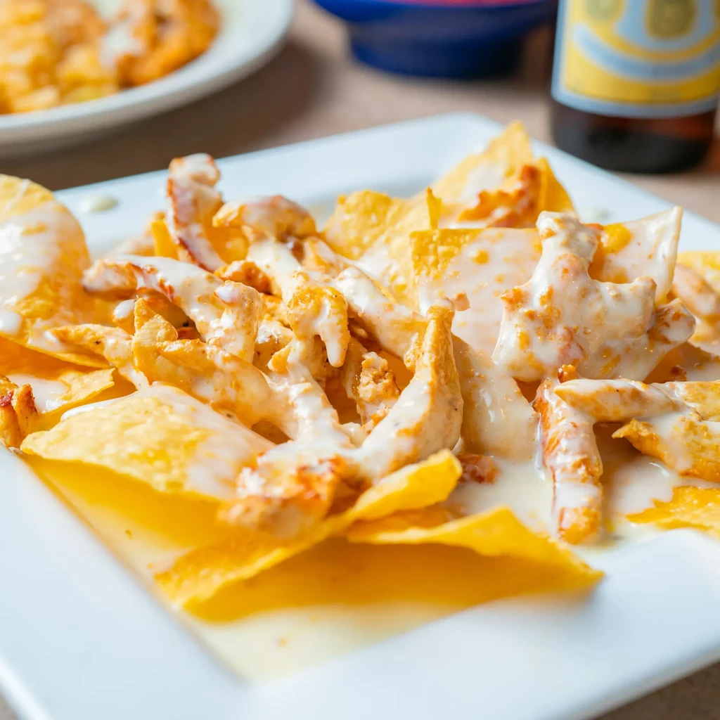 Close-up of chicken nachos with creamy cheese sauce on a white plate.