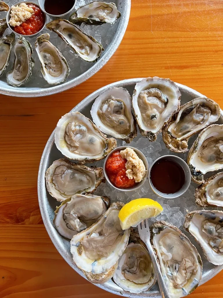 Two platters of oysters on the half shell, served on ice.
