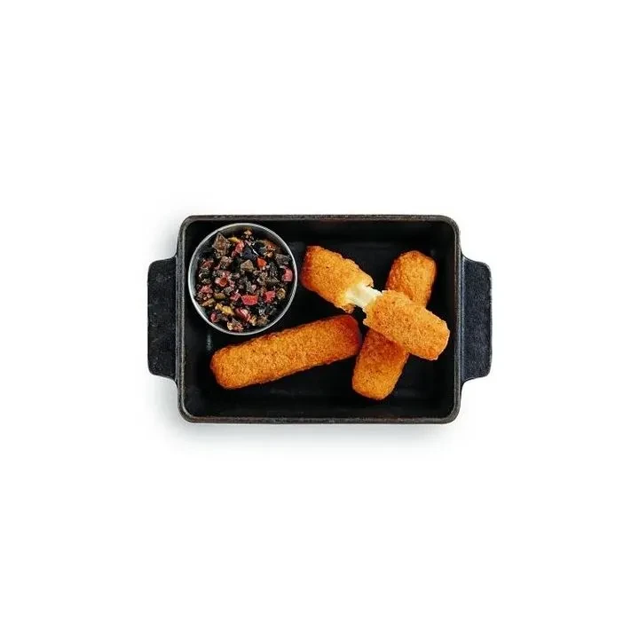 Four breaded cheese sticks, one broken, with relish in a black dish.