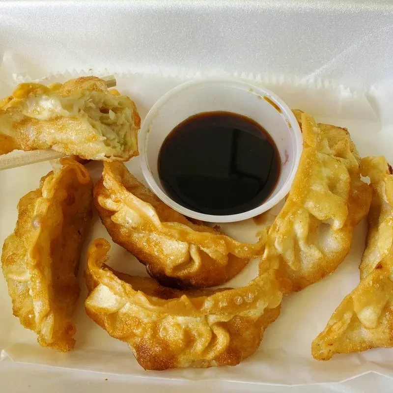 Golden-brown fried dumplings in takeout with chopsticks and dipping sauce.