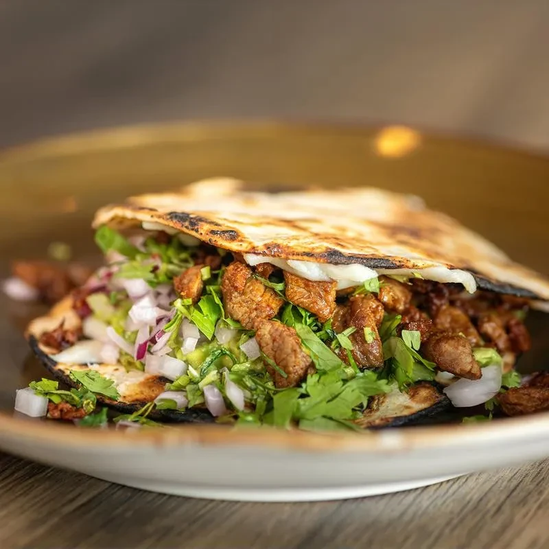 Close-up of a grilled meat taco with cheese, onion, and cilantro.