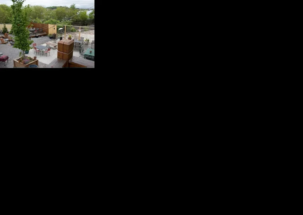 Top-left photo: empty outdoor dining patio with lights and plants.