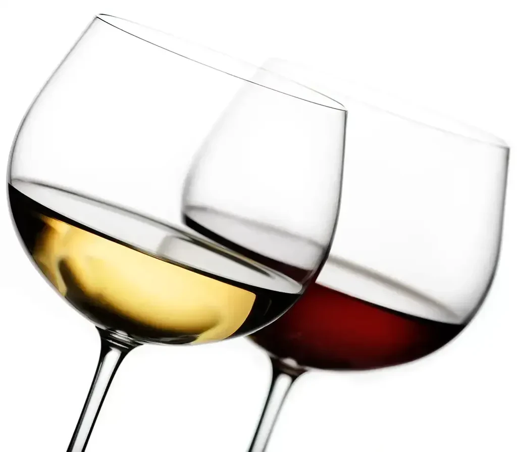Two elegant tilted wine glasses: white and red.