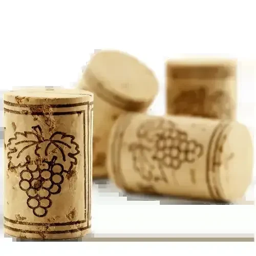 Upright wine cork with etched grapes, surrounded by blurry corks.