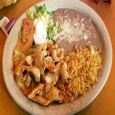 Plate of creamy chicken, refried beans, Spanish rice, and garnish.