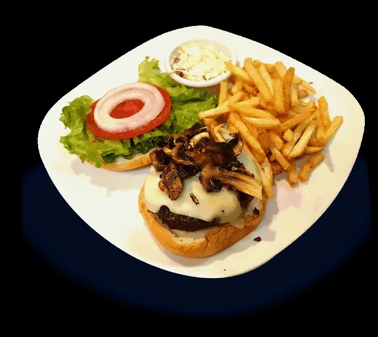 Open-faced mushroom and cheese burger meal with fries and condiment.