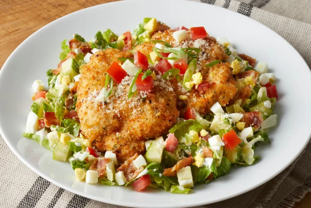 Oval plate with fried chicken salad, tomatoes, eggs, cheese, bacon.