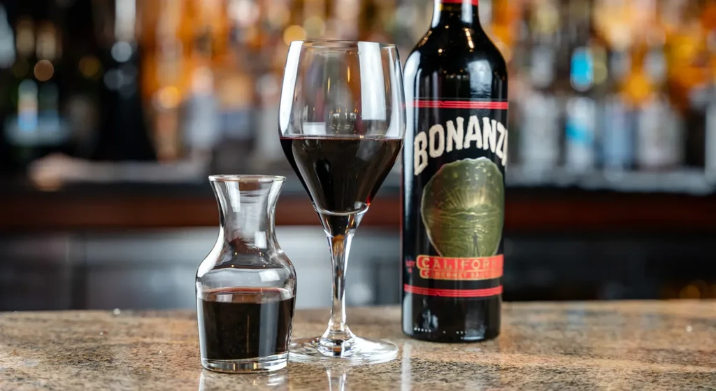 Red wine in carafe, glass, and Bonanza Cabernet Sauvignon bottle.