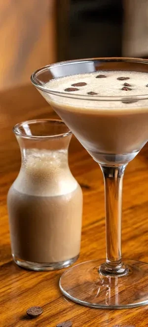 Two creamy brown drinks garnished with coffee beans on wood.