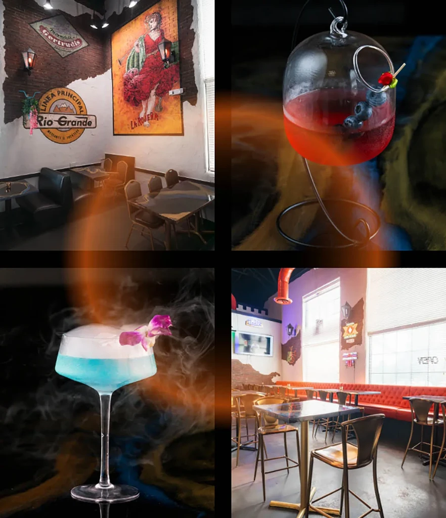 Collage: Restaurant ambiance and two signature cocktails.