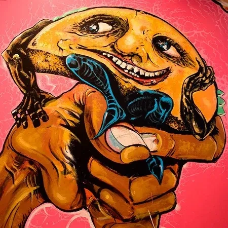 Vibrant painting: Grotesque, human-faced taco held by large, clawed hands.
