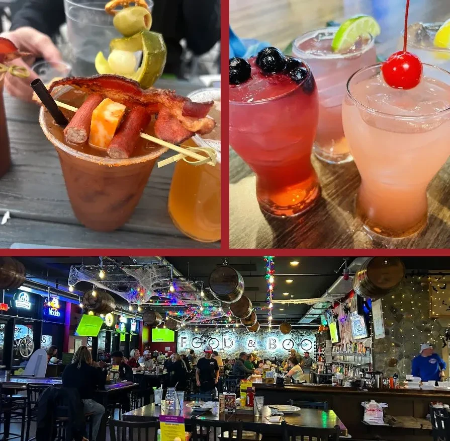 Collage of garnished cocktails and a busy restaurant bar with themed decor.