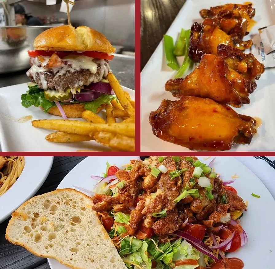 Three-panel collage: burger, fries, chicken wings, chicken salad.