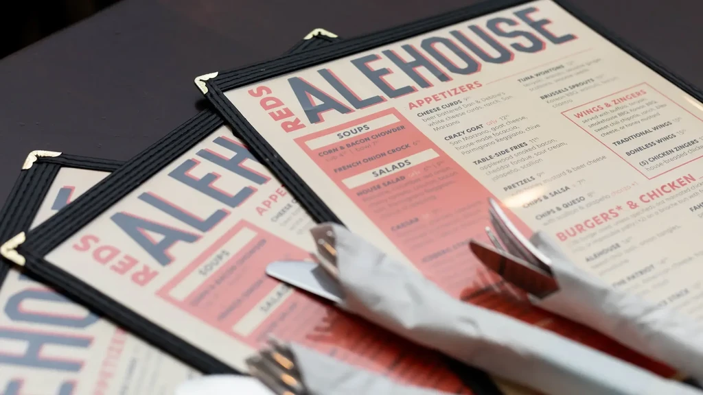REDS ALEHOUSE menus displaying food items and prices.