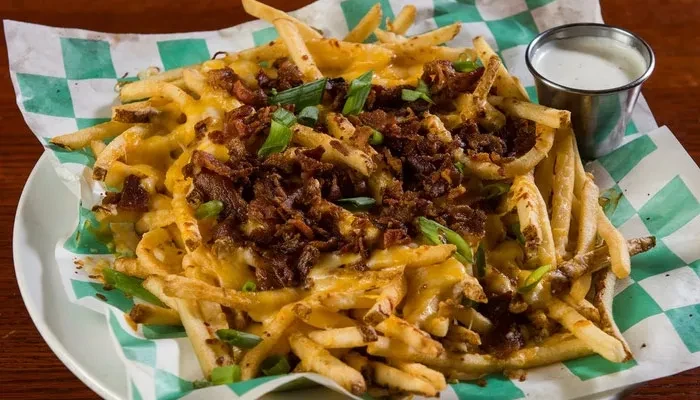 Loaded french fries with melted cheese, bacon, green onions, and sauce.
