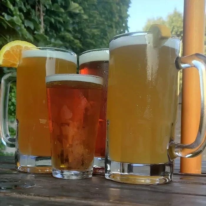 Four cold beers, varying colors, on a rustic outdoor table.