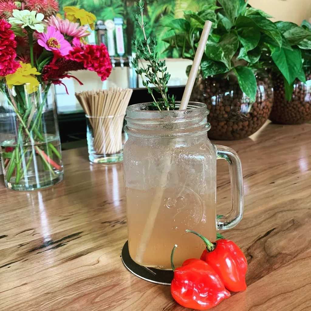 Amber drink in mason jar, thyme, red peppers, colorful flowers, green plants.