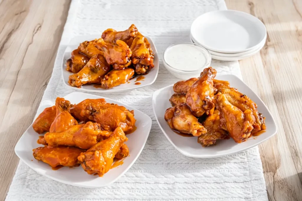 Three plates piled high with glossy, orange-red chicken wings.