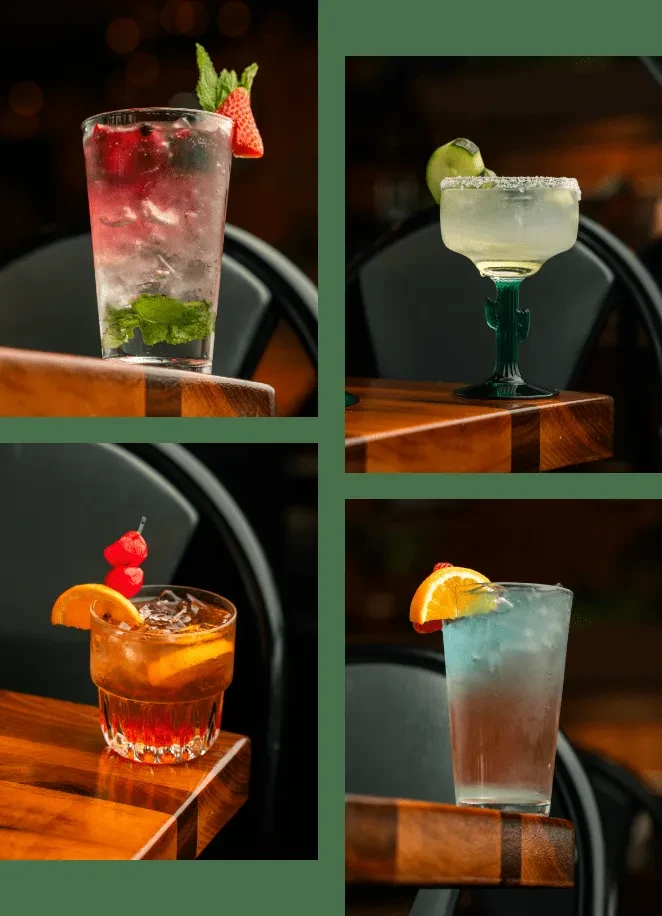 Four distinct, professionally photographed cocktails arranged in a 2x2 grid.