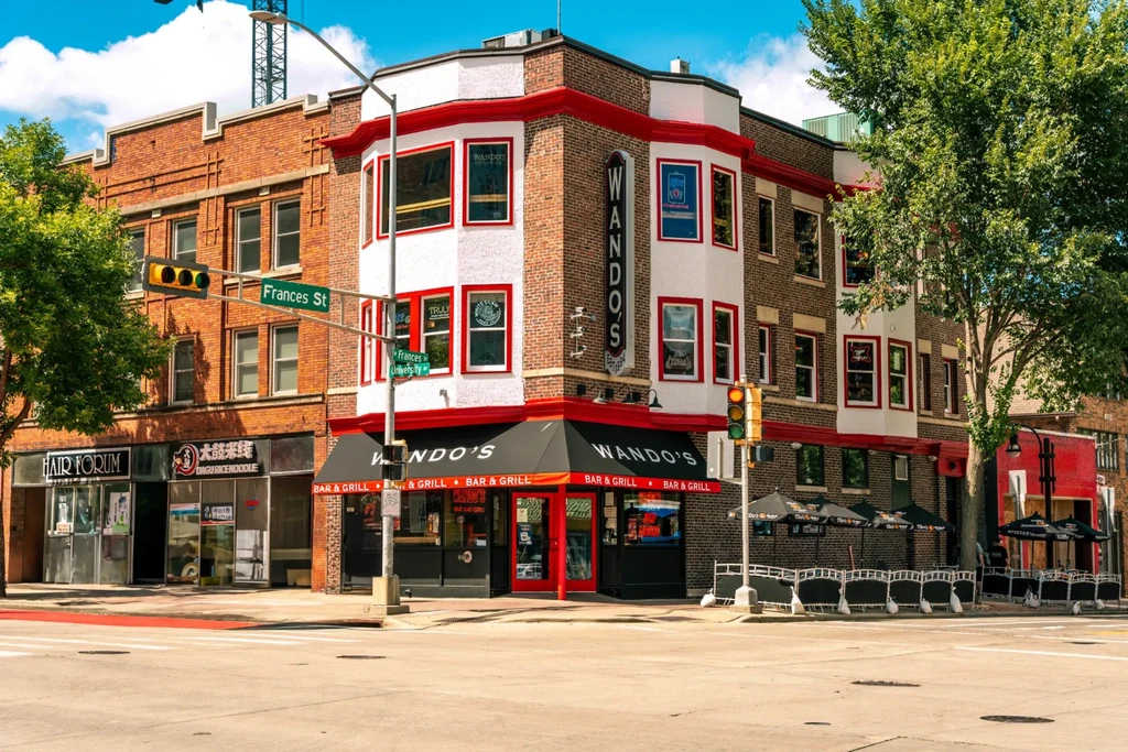 Wando's Bar & Grill building with outdoor seating at a sunny urban intersection.