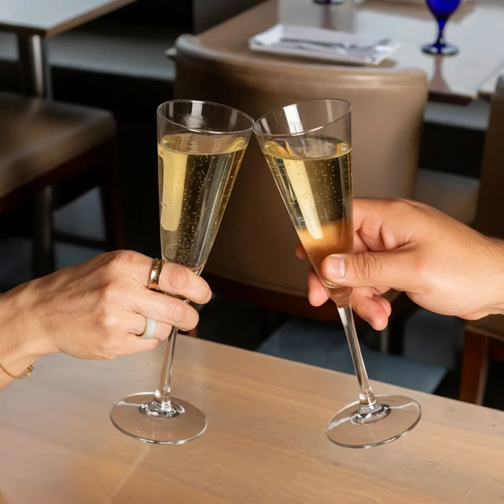 Hands clinking champagne flutes filled with sparkling golden beverage.