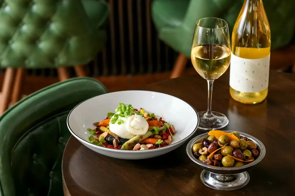 Gourmet burrata, roasted vegetables, white wine, and olives on a dark wooden table.