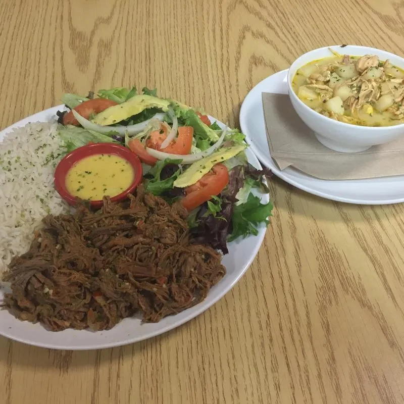 Two dishes: rice with shredded meat and salad, plus creamy chicken soup.