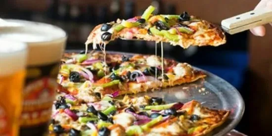 Close-up: Pizza slice lifted, colorful toppings, stretching melted cheese.