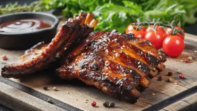 Barbecued ribs with sauce and sesame seeds on a wooden board.