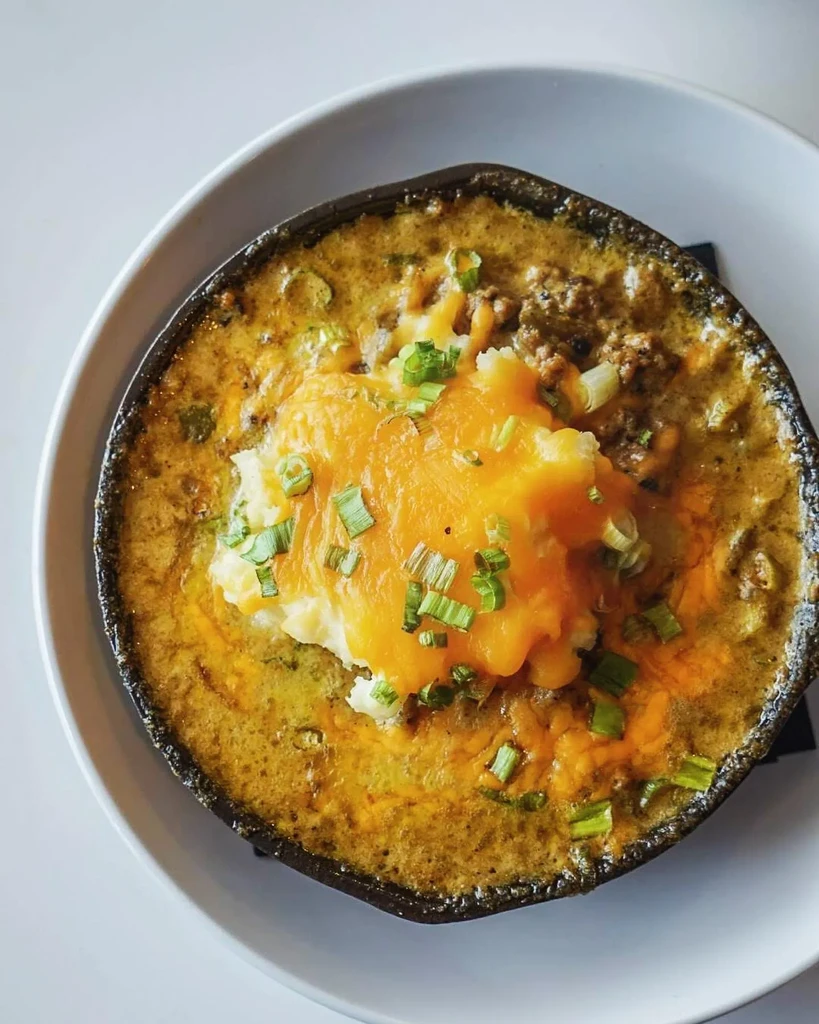 Savory stew topped with mashed potatoes, melted cheddar, and green onions.