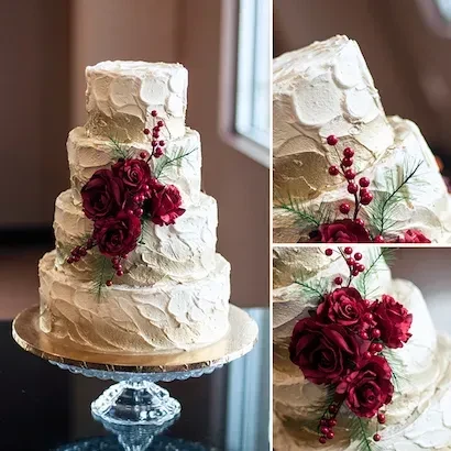 Four-tiered white cake decorated with red roses, berries, and greenery.