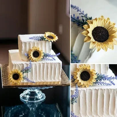 White two-tier square cake with yellow sunflowers and purple lavender.