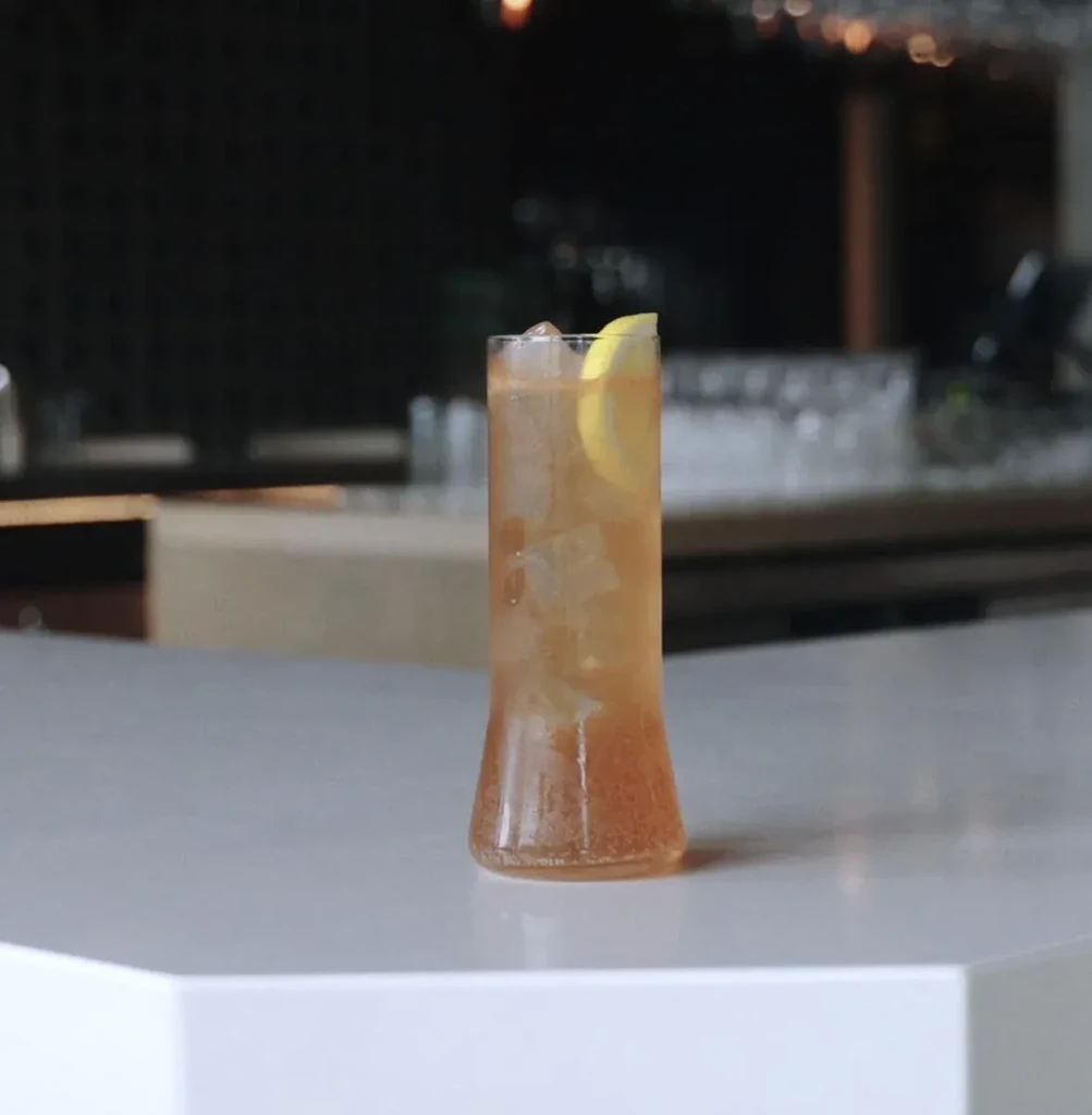 Amber carbonated drink with ice and lemon slice on white surface.