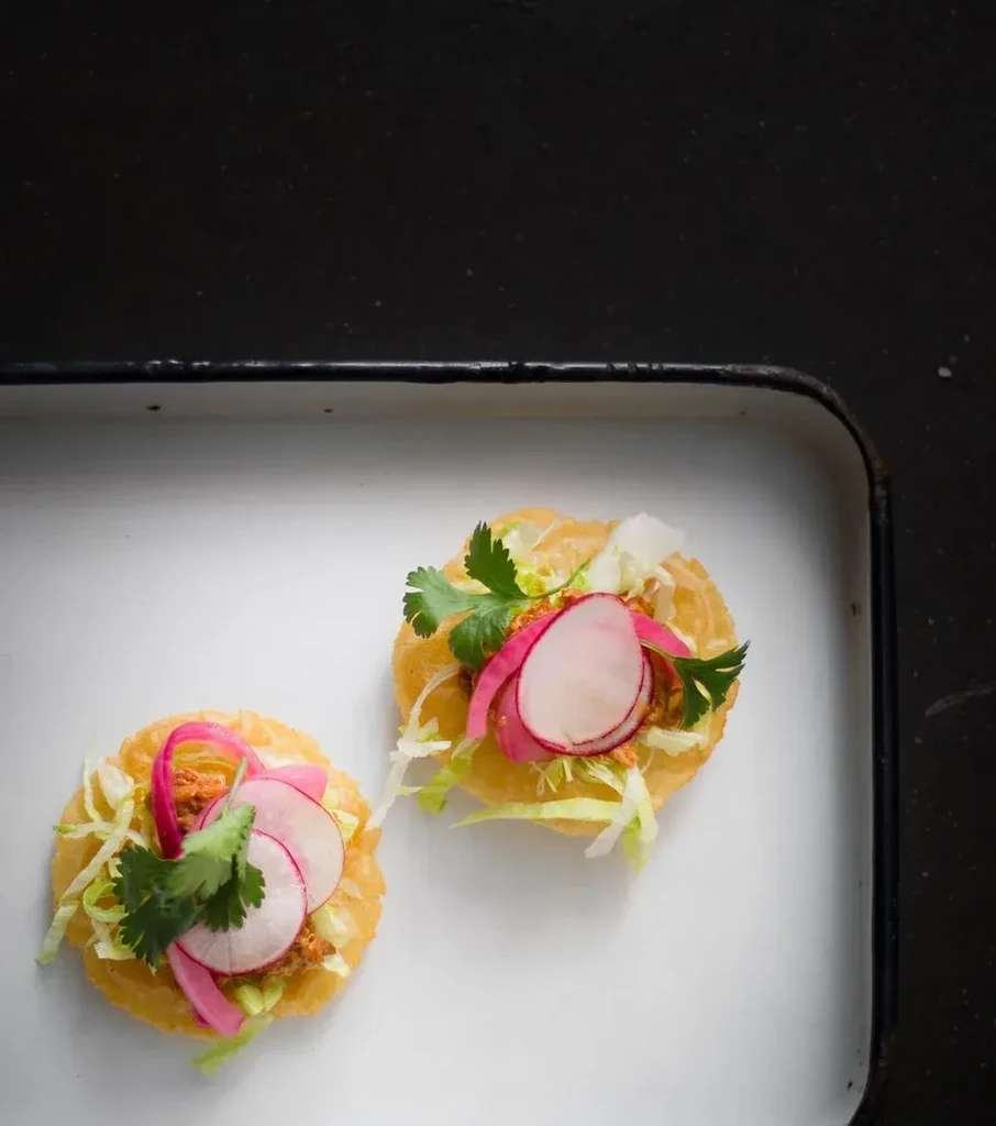 Two tostadas topped with lettuce, meat, radish, and cilantro on a tray.