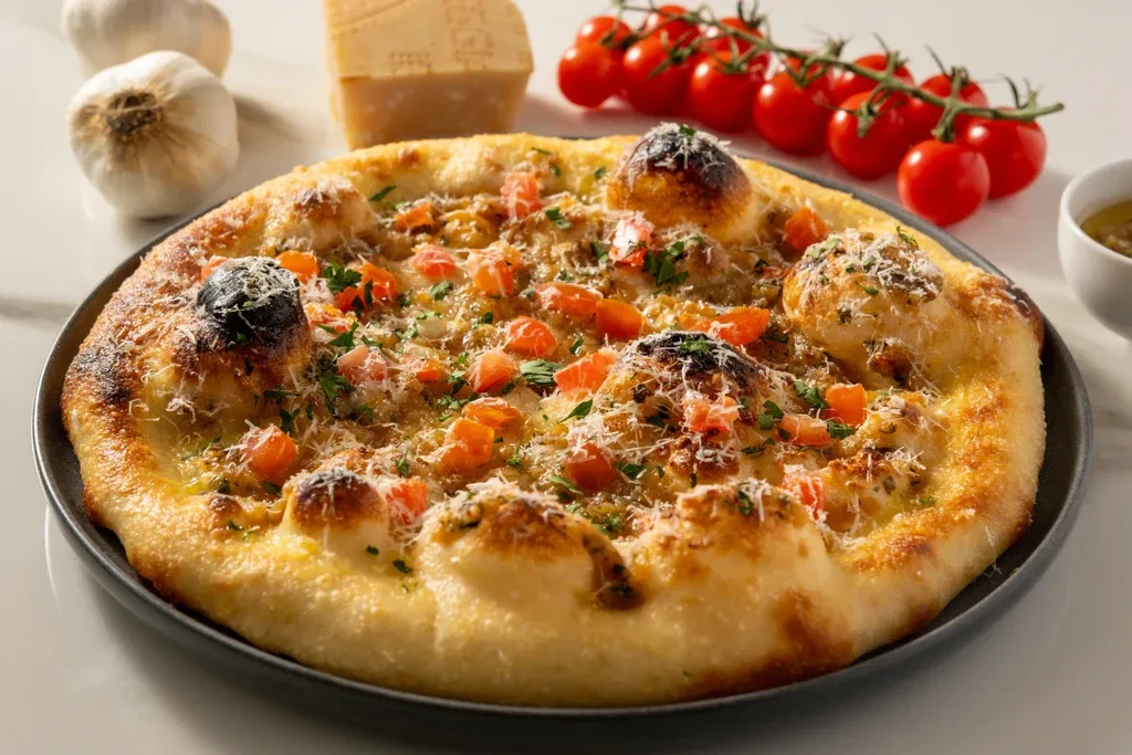 Golden-brown focaccia with cheese, tomatoes, herbs; raw ingredients visible.