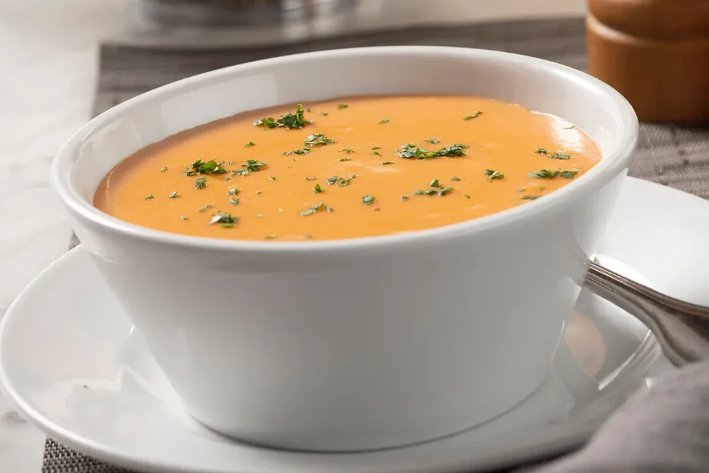 White bowl of orange creamy soup garnished with green herbs.