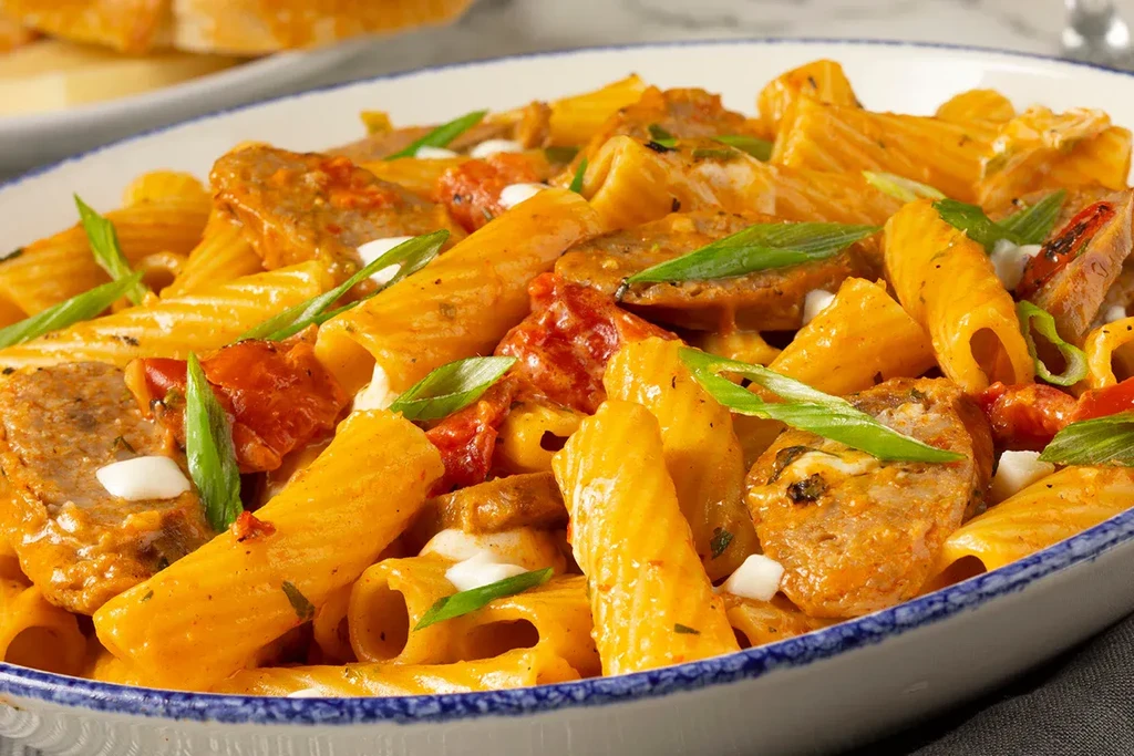 Creamy rigatoni pasta with sausage, tomatoes, cheese, and green onions.